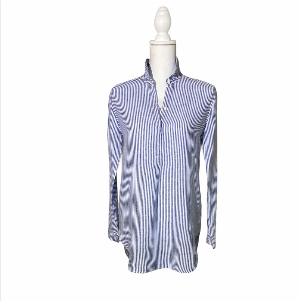AYR Blue & White Striped Linen Shirttail Blouse